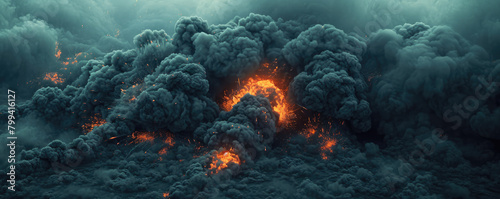 Intense flames peak through billowing dark smoke in a dramatic display of fire's destructive power. 