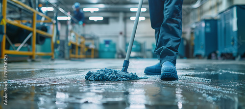 Industrial cleanliness with a human touch. Factory worker mopping the floor