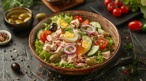 Salad with lettuce leaves tuna tomatoes cucumber sweet pepper half rings red onion