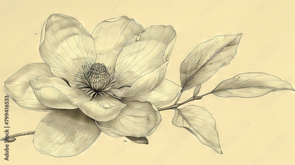   A yellow background showcases the black and white line drawing of a flower with leaves
