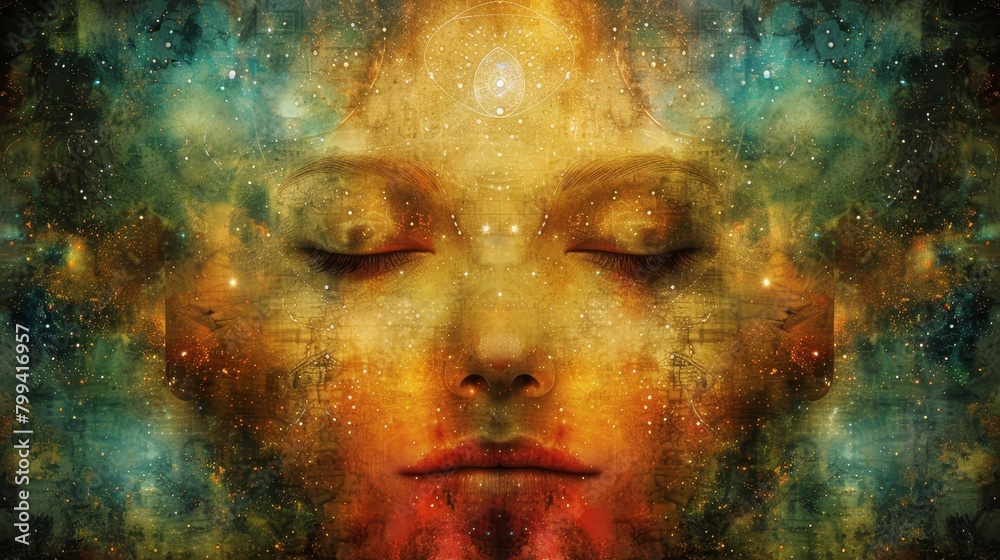 A digital painting of a woman's closed-eye face against a starry background A digital painting of a woman's closed-eye face against a starry background