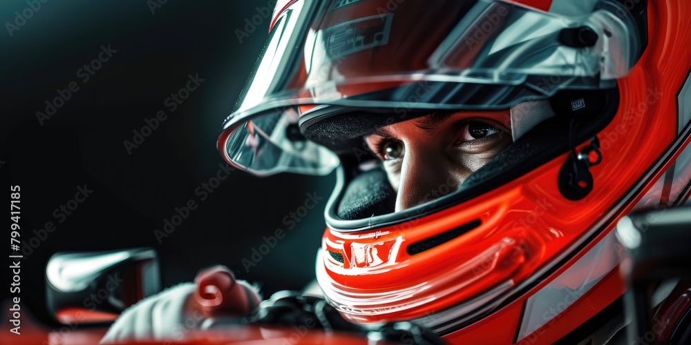  A close-up of a racecar driver's helmet and face.