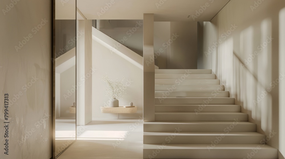 An entrance and staircase area in minimalist style, with a focus on light and open space An entrance and staircase area in minimalist style, with a focus on light and open space