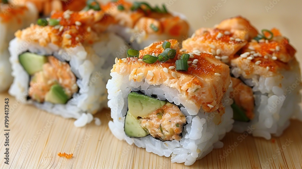 A clear shot of a sushi roll atop a wooden surface, showcasing the vibrant green cucumber and golden sesame seeds A clear shot of a sushi roll atop a wooden surface, showcasing the vibrant green cucumber and golden sesame seeds