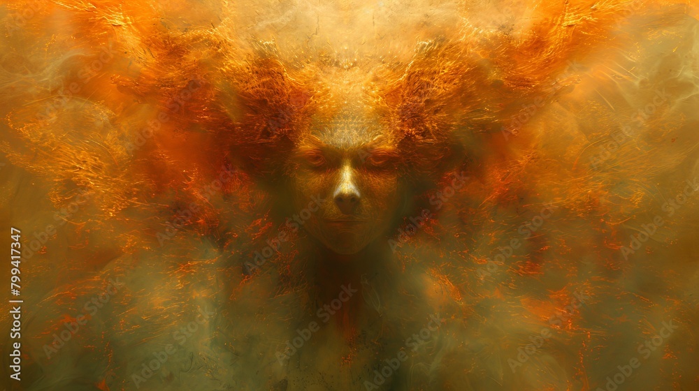  Woman's face surrounded by orange-yellow smoke Hair flowing in the wind