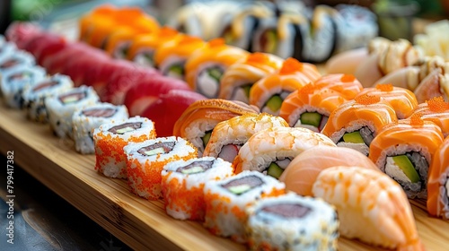  Close-up of sushi rolls on a wooden platter, surrounded by other sushi on a nearby table