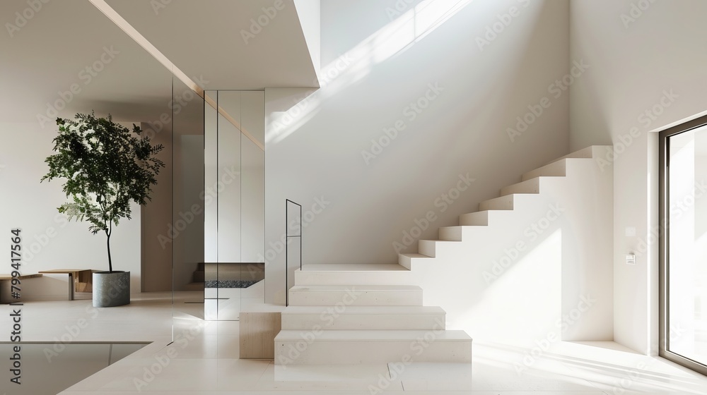 An entrance and staircase area in minimalist style, with a focus on light and open space An entrance and staircase area in minimalist style, with a focus on light and open space