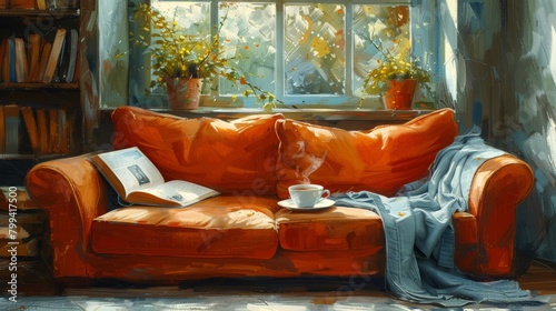 Couch With Blanket and Book
