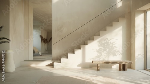 An entrance and staircase area in minimalist style  with a focus on light and open space. Simple stair rails