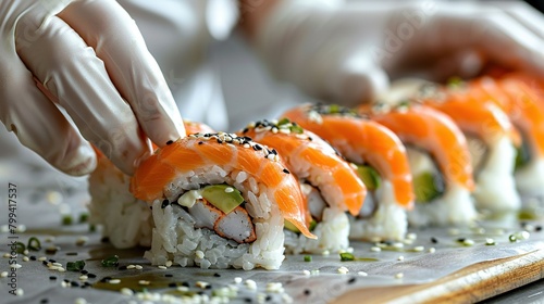  A person in white gloves holds a sushi roll with cucumber and avocado