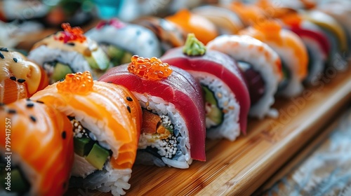   A row of sushi rolls sits atop a wooden cutting board © Anna