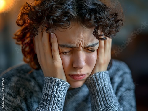 A woman with curly hair is crying and holding her head. She is wearing a gray sweater and has her hands on her head © MaxK