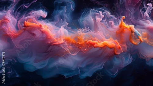  A blue, pink, and orange liquid swirls in the air against a backdrop of blue and black