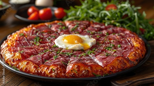   A pizza with a pan full of meat and an egg on top of the meat