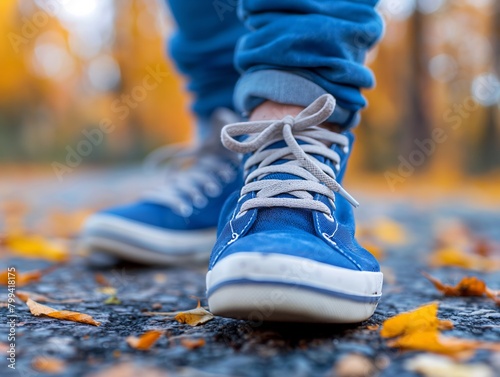 A person wearing blue shoes and blue jeans is walking on a path. The shoes are laced up and the person's feet are visible. The image has a casual and relaxed mood