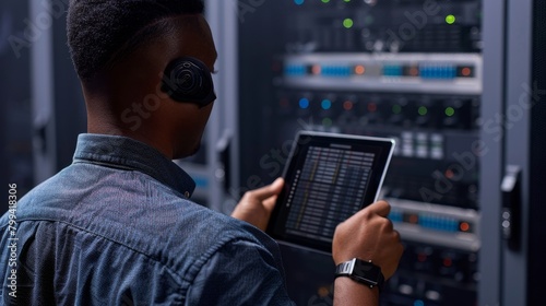 Techsavvy IT Professional Managing Cloud Infrastructure with Smartwatch and Tablet in Server Room