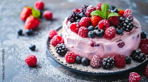 Cake With Fresh Berries On A Plate Stone Background