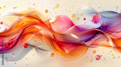   A multicolored abstract background features bubbles and drops of water at its base The colors consist of orange, red, pink, purple, orange, blue, and pink, with waves that photo