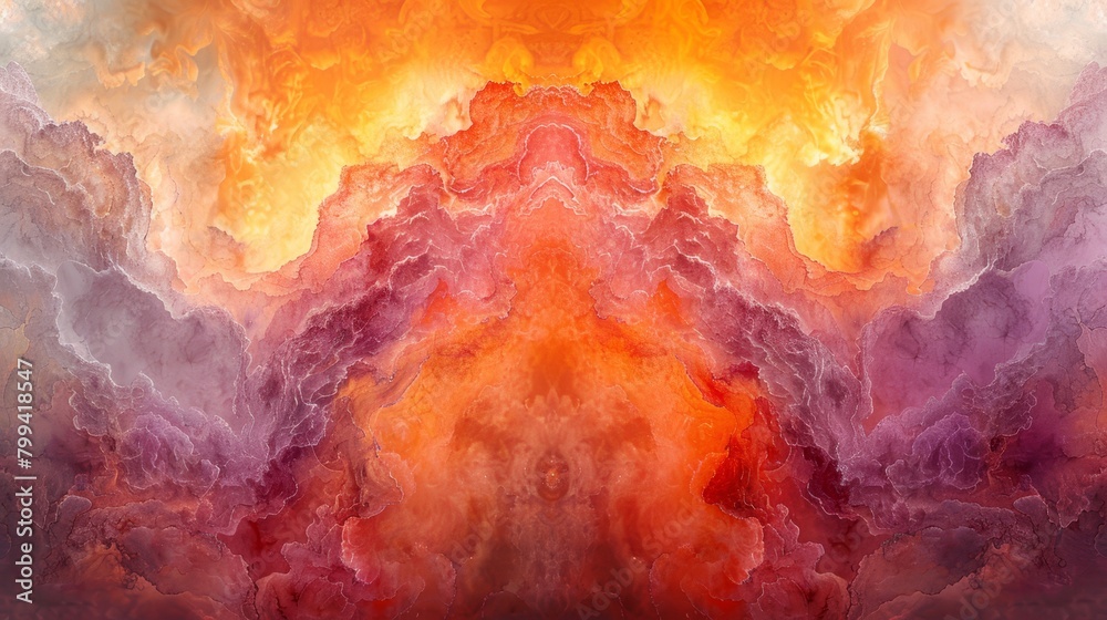   An abstract image featuring orange, pink, and purple cloud formations centered around a red focal point