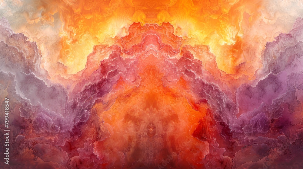An abstract image featuring orange, pink, and purple cloud formations centered around a red focal point An abstract image featuring orange, pink, and purple cloud formations centered around a red focal point