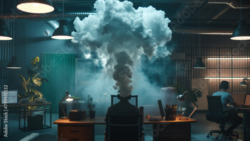 In an office scene, an individual is seen holding their head, surrounded by a misty haze, symbolizing the fatigue and mental fog experienced due to prolonged overwork. photo