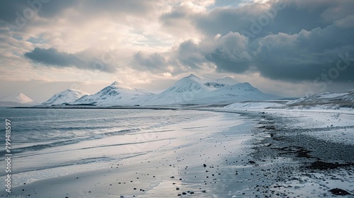 Cloudy sky, snow covered mountains in the distance, sea and beach © tylor