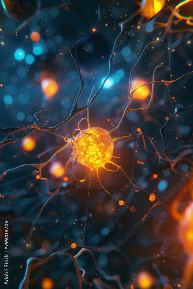 the schema of a supercharged brain with shining nerves connections vertical