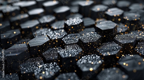 Glimmering Hexagonal Abstraction Black Shapes Textured With Silver And Gold Glitter Background