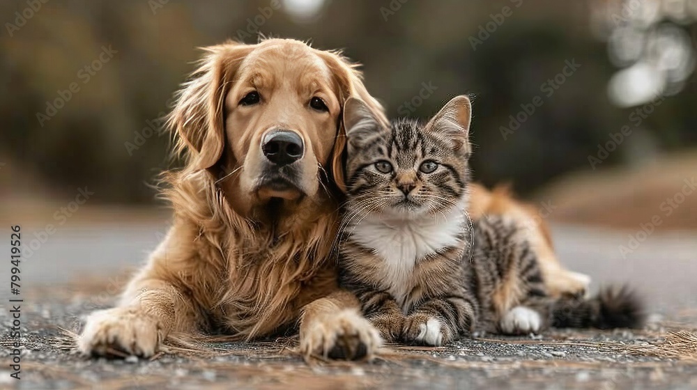 A dog and cat lie facing each other on the ground with one facing the camera A dog and cat lie facing each other on the ground with one facing the camera