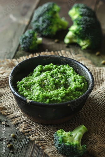 Broccoli puree on burlap background. selective focus