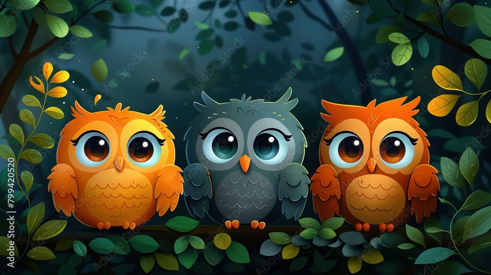Obraz premium Three owls perched on tree branch, surrounded by green leaf forest