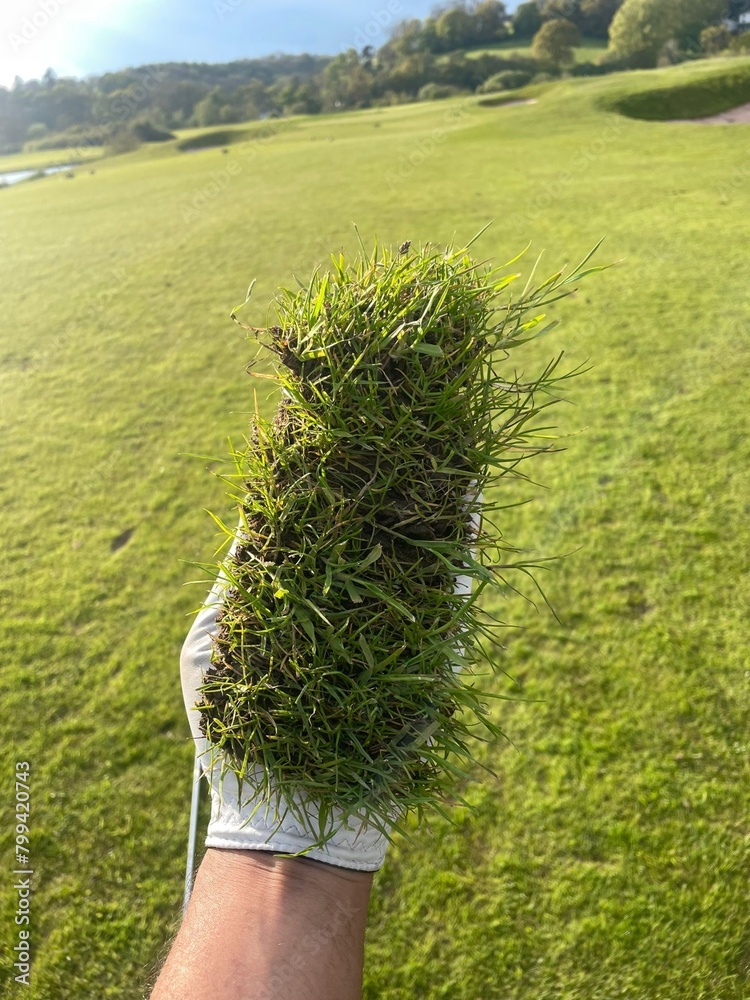 Φωτογραφία Golf divot in the hand of a golfer wearing a golf glove