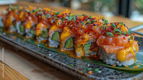  Close-up of a sushi dish on a plate, with utensils visible in the background