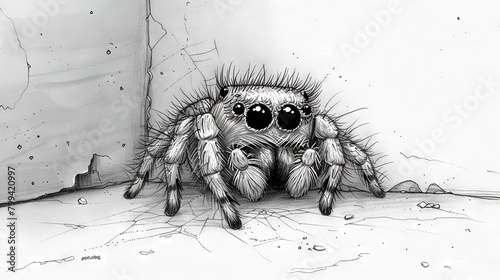   A monochromatic illustration of an arachnid perched atop the earth, with open ocular organs photo