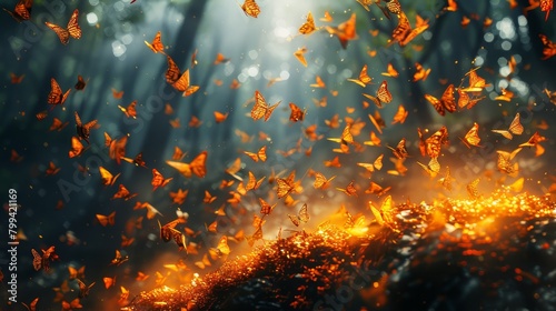   A forest teems with orange butterflies, flitting above tree tops against a backdrop of towering trees A radiant light illuminates the ground beneath photo