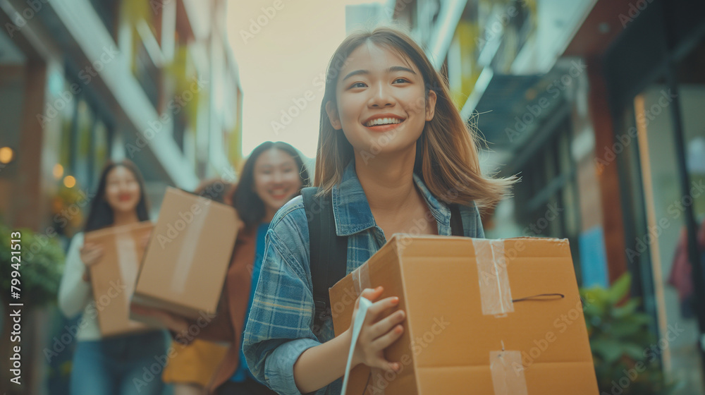 Happy Asian woman and her friend carrying their belongings upstairs while relocating into new apartment. Happy Asian woman and her friend carrying their belongings upstairs while relocating into new apartment.