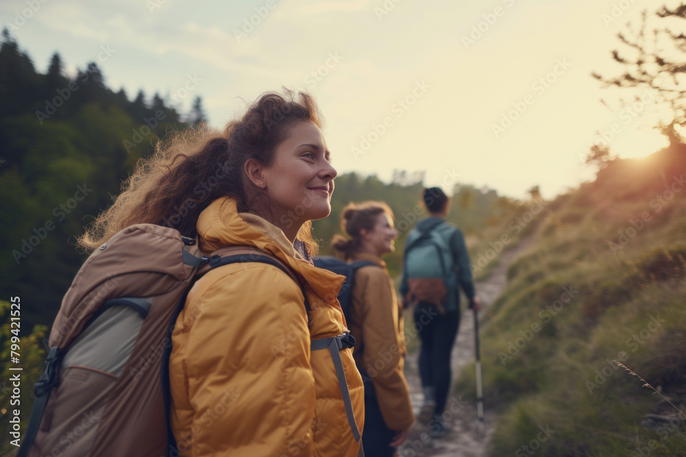  Group of friends hiking in nature, with focus on a young woman in a yellow jacket enjoying the trek