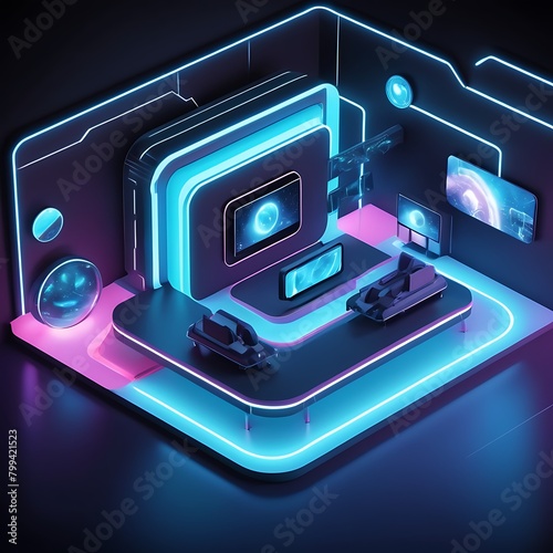 3d render, neon lights, circle tunnel, abstract geometric background