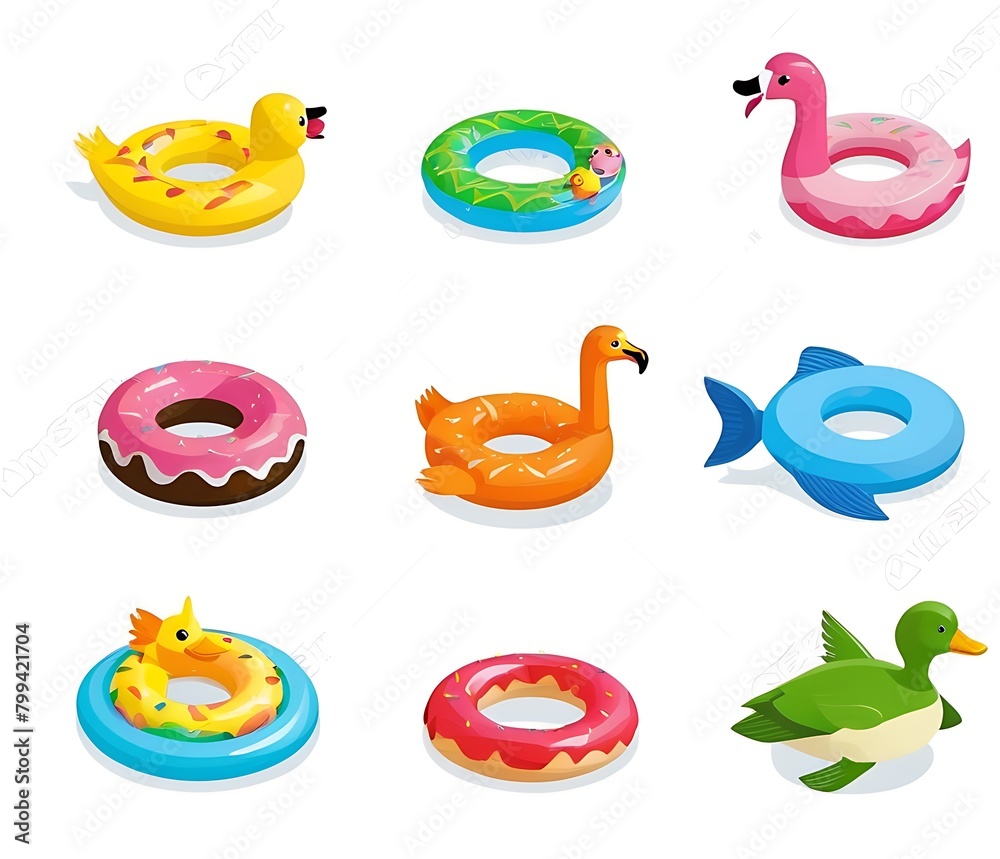 Beach water toys. Pool equipment. Realistic style. Set of rubber icons for water sports and recreation. Circles, birds, pools, rubber bed.