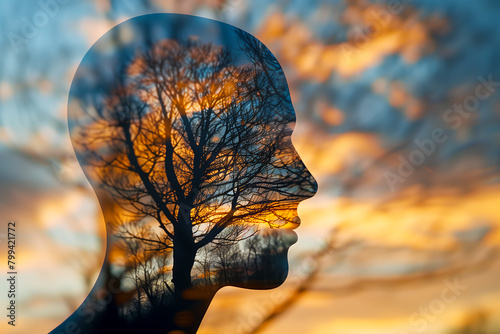 A double exposure of a silhouette profile male head and trees, with sky at sunset in the background - AI Generated