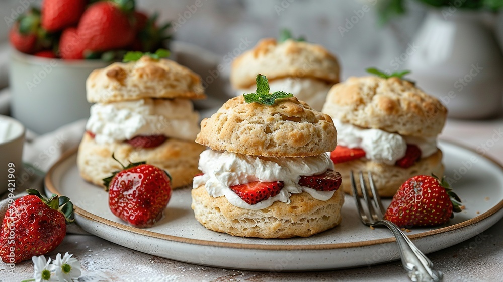 A white plate with biscuits smothered in cream and adorned with strawberries sits next to a bowl filled with strawberries and a fork A white plate with biscuits smothered in cream and adorned with strawberries sits next to a bowl filled with strawberries and a fork