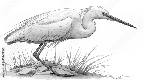  Drawing of a black-and-white bird perched on a rock amidst green grass, featuring elongated limbs and a distinctive beak