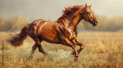   Brown horse runs in grassy field with trees in background and foggy air