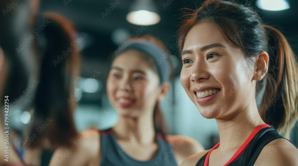 Happy asian woman warming up with her female friend during sports training in gym.
