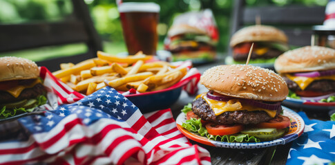 Picnic party for Fourth of July, Memorial Day, USA Independence Day concept outdoor. Patriotic, American food, burgers, drinks, american flag.