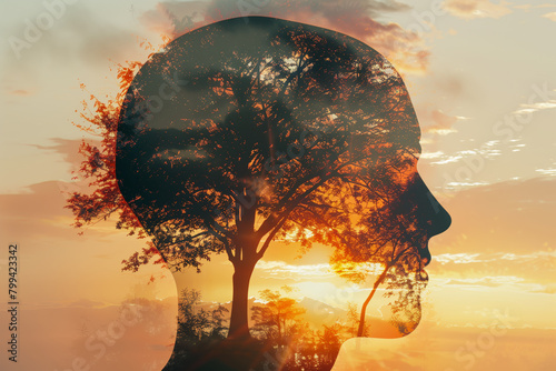 A double exposure of a silhouette profile male head and trees, with sky at sunset in the background - AI Generated