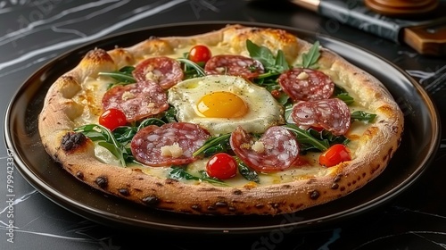  Close-up of pizza on plate at table with egg in center