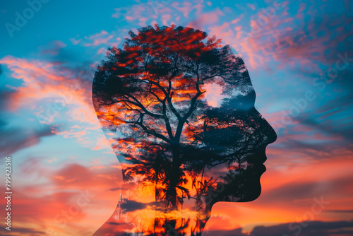 A double exposure of a silhouette profile male head and trees, with sky at sunset in the background - AI Generated