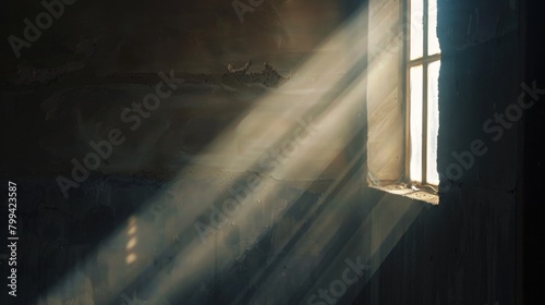 Sunlight filters through the window into a dark room as the sun sets