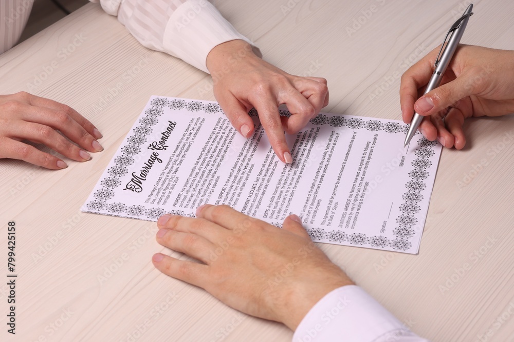 Man and woman signing marriage contract at light wooden table, closeup Man and woman signing marriage contract at light wooden table, closeup